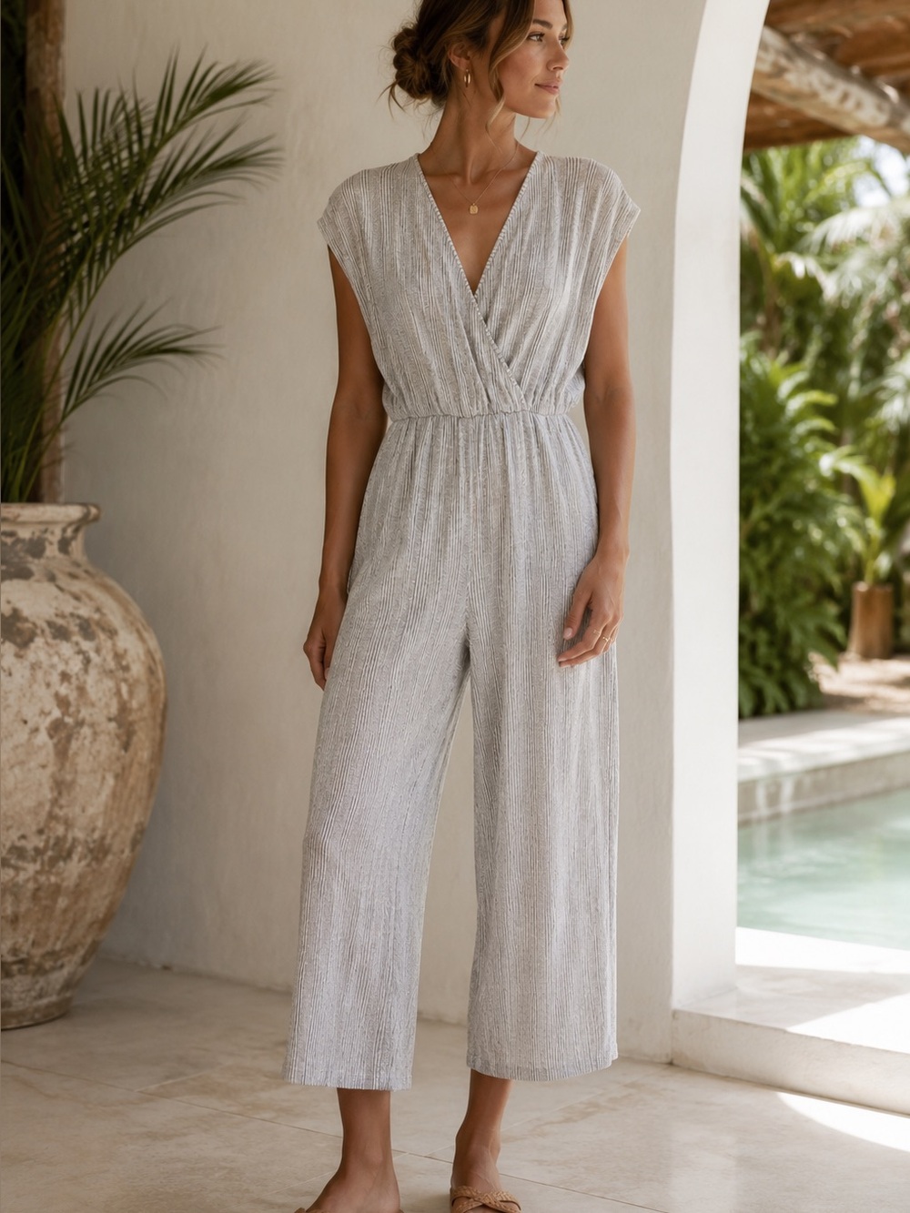 Caution to the Wind Ribbed Surplice Wide Leg Jumpsuit Gray White Stripe M